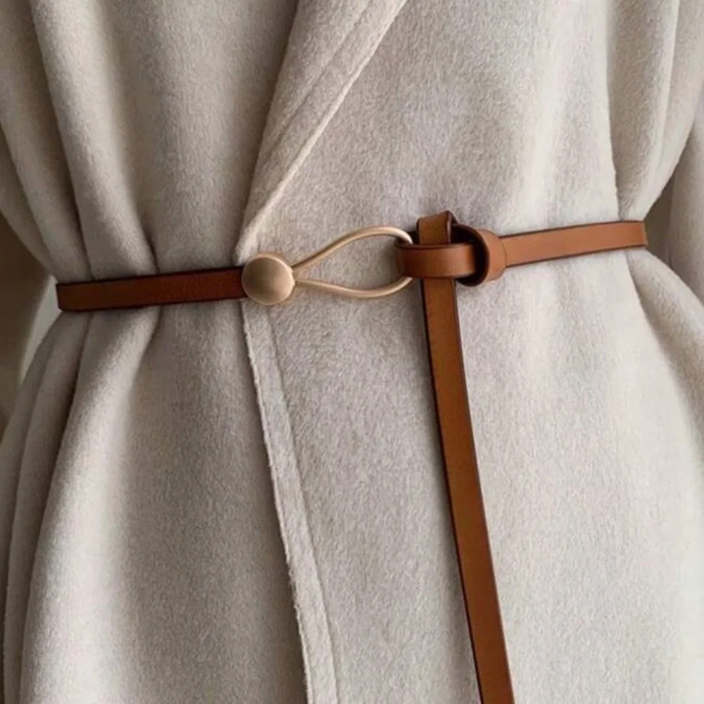 Elegant Luxe Brown Vegan Leather Skinny Slim Belt